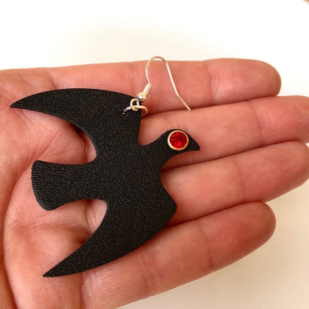 Boho Earrings Vegan Leather Bird Rhinestone NEW - Picture 3 of 4